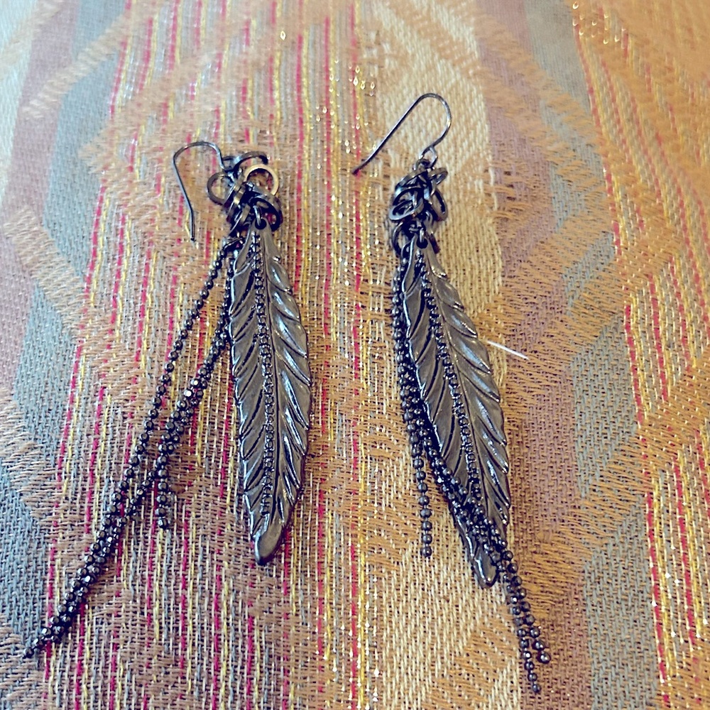 Sunday Funday ~ Jewelry Jam: GunMetal Feather earrings w/ chain